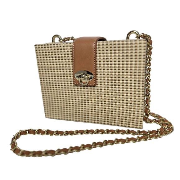 NWOT J. McLaughlin Wicker Woven Crossbody Box Bag Brown Rectangular Chain - Picture 1 of 8